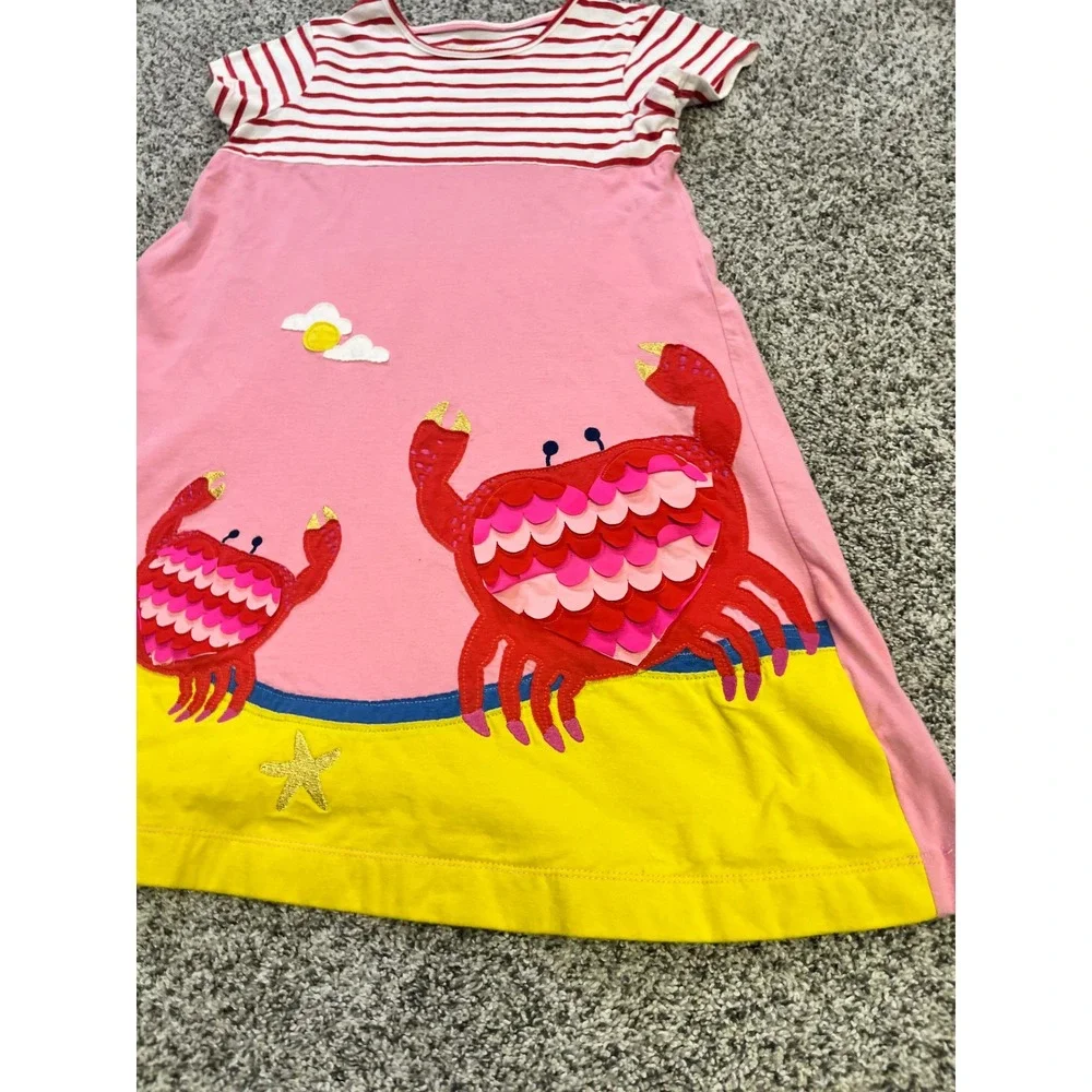 Mini Boden Girls Pink Red Striped Crab Applique Jersey Dress Size 11-12Y 152cm